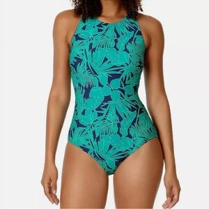 Land’s End One Piece Swim Suit Green Navy Leaf Print Resortwear Swimwear Beach